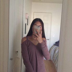 Mauve cold shoulder, waffle knit sweater